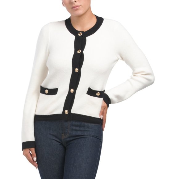 DESIGN HISTORY Black/white Ladylike Cardigan With Buttons